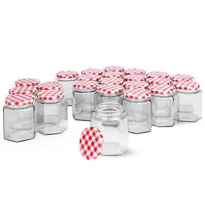 Glass Jam Jars Hexagonal Mouth Gingham Lids X24 Jar 250ml Preserve Pots | M&W • £15.99