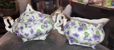 Lefton China Hand Painted Violet Chintz Mini Cream Sugar Bowl Gold Accents • $15