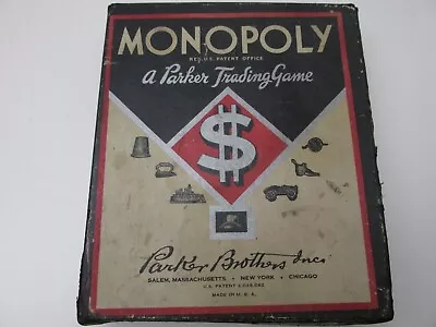 Vintage 1941 Diamond Black Box Late Patent Chicago MONOPOLY Game Set  No Board • $20