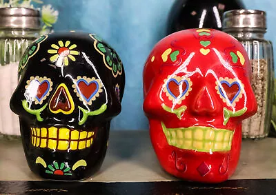 Day Of The Dead Black And Red Floral Sugar Skulls Salt Pepper Shakers Set • $16.99