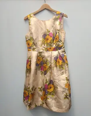 £34.99 • Buy Monsoon Beige Floral Metallic Fibre Sleeveless Fit & Flare Dress (UK Size 14)