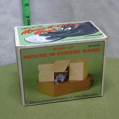 MOUSE & CHEESE Vtg Coin Bank W/ Box 1980s Mechanical Wind-up JSNY Novelty  • $30