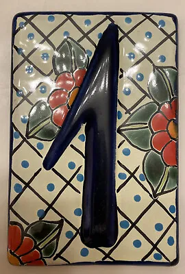 Talavera Tile House Numbers Red Flower DarkBlue Numbers Blue Dots Design #1 • $4