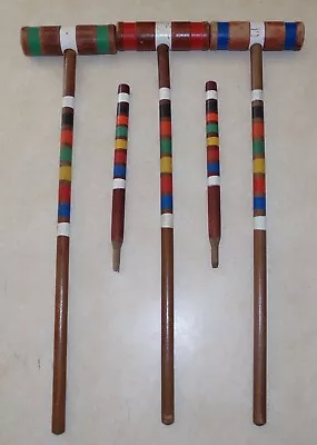 3 Vintage Croquet Wood Mallets Striped  25  & 2 Lawn Stakes Game Parts Used • $16.99
