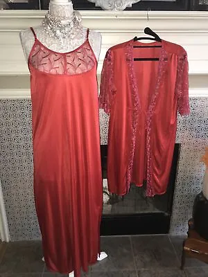 Vintage 70s Dress LONG GOWN/SHORT ROBE- House Coat Hostess SET~RED ~NO SIZE TAG • $24.99