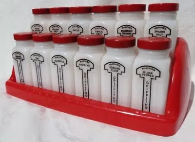 Vintage 40s GRIFFITHS’ Set Of 12 Milk Glass Spice Jars Red Plastic Rack Stand • $99.99