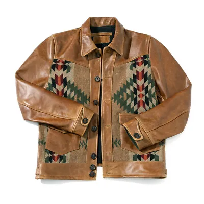 Mens Vintage Leather Western Tribal Aztec Jacket Southwestern Coat Button Navajo • $189.99