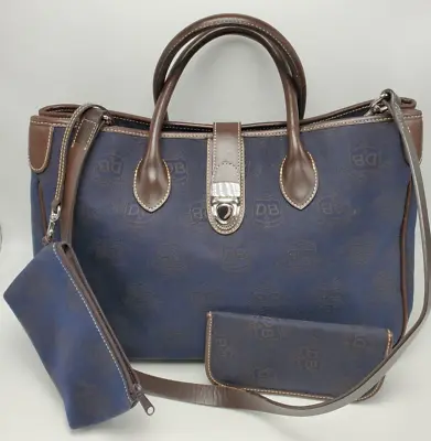 Dooney & Bourke Tote Handbag Navy Canvas Brown Leather Glasses Case Change Purse • £145.92