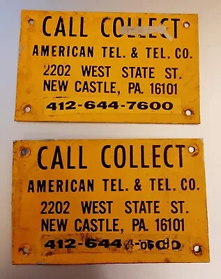 2 Vintage AT&T Call Collect Small Tin Sign Signs New Castle Pa Pay Phone Sign • $9.50