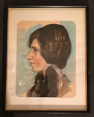 Vintage 1960s Portrait Pretty Young Armenian Woman Oil Pastel On Paper Signed • $65