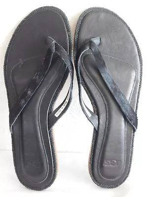 Display Womens 7 Black Ugg Allaria Cow Hair Leather Cushioned Flip Flops Sandals • $50.96