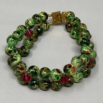 Resin Beaded Bracelet Green Red Speckled Acrylic Bead Christmas Layered Vtg 7  • $12.79