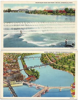 Zanesville Ohio OH Muskingum River Dam Fishing Y Bridge Ariel View Postcards • $4.20