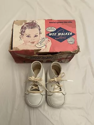 Vintage 1959  Mid Century Wee Walker White Leather  Baby Shoes In Org Box • $10