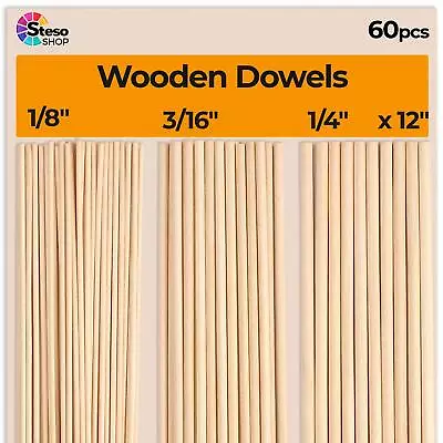 Wooden Dowel Rods For Craft - 60 Pcs Round Wood Dowels 12 Inch In Varying Siz... • $19.25