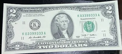 2009 $2 Note K 03399333A 5-3’S 2-99’S Serial Number Two Dollar Bill UNC. • $11.99