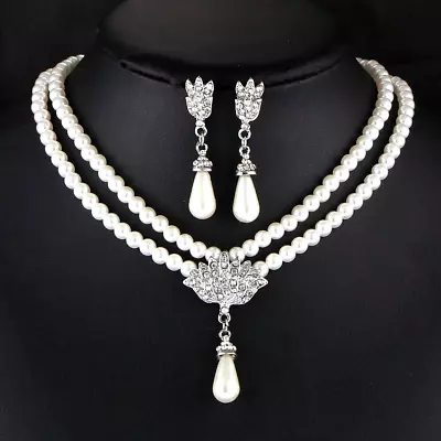 £5.39 • Buy Silver Crystal And Pearl Sparkling Rhinestone Wedding Prom Necklace Earring Set