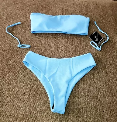 ZAFUL Women's Bandeau Bikini W/Removable Straps Textured High Cut 2 Piece Size S • $10