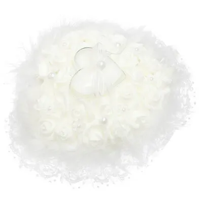 Ribbon Ring Bearer Rose Flower Ring Pillow Pearl Cushion Wreath White Throw Bow • £6.62