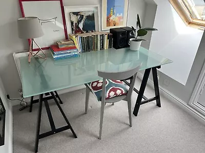 IKEA Desk Table With Glass Top And Black Wooden Trestles • £49.99