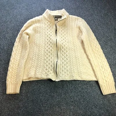 Inis Crafts Sweater Womens Medium Ivory White 100% Merino Wool Fisherman Cable • $11.55