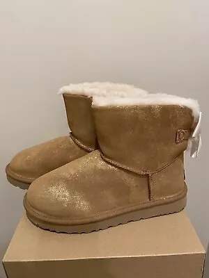 UGG Mini Bailey Bow Glimmer Chestnut Gold Boots 1125795  Sz 9 NIB • $140