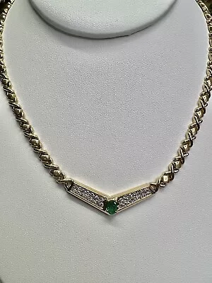 14K Yellow Solid Gold Natural Emerald .35ct Diamond Necklace 19” 22.4grams • $1400