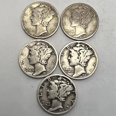1937 Mercury Dimes Lot Of 5 - Full Dates - No Mint Marks - Exact Dimes Shown • $13.69