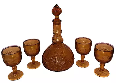 VTG Indiana Glass Tiara Amber Sandwich Cordial Wine Glasses Decanter 6 Pc Genie • $46.50