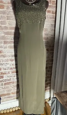 Vintage Laurel Olive Green Maxi Evening Dress Gown 100% Silk Sleeveless Size 38 • $74
