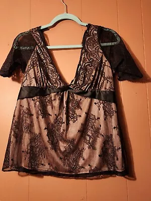 Moda International Women's Large Black Lace Lined V-neck Top/Blouse • $22