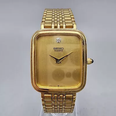 VTG Seiko Watch Men Gold Tone Gold Dial Diamond 25mm Rectangle 9020-5249 NewBat1 • $49.99