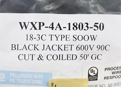 Carol SOOW Multi-Conductor 50' Black Cable WXP-4A-1803 STR 18/3C • $198.55