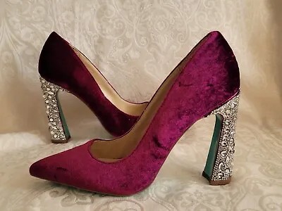 ~SAMPLE~ Betsey Johnson Velvet MAGENTA Party Shoes GLAM Rhinestone Heels Size 6 • £43.37