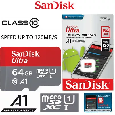 SanDisk Micro SD Card 64GB TF SD SDXC Class10 Mobile Phone Tablet Memory 120MB/s • $14.75