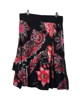 Desigual Black Floral Elastic Waist Cotton Skirt Size L • $24