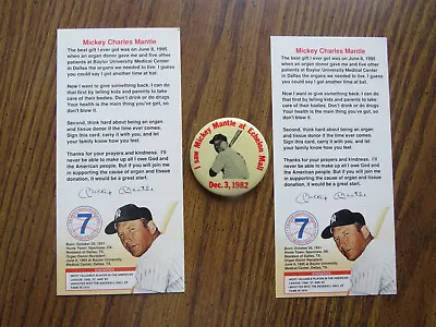 Mickey Mantle 2  Pin & Two Mickey Mantle Organ Donation Cards • $10