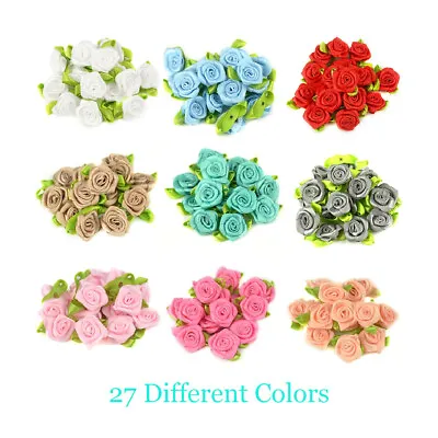 £4.19 • Buy Small Mini Satin Ribbon Rose Buds Flowers With Satin Green Leaves Applique Craft