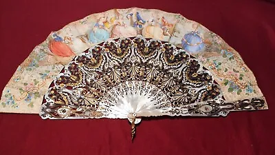 19th C. FRENCH MOP & PAPER FAN W/Gilded Silver Inlaid • $1300
