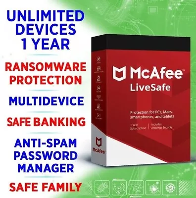 McAfee LiveSafe 2024 1 Year Unlimited Device (GLOBAL Key) - No CD • $29.90