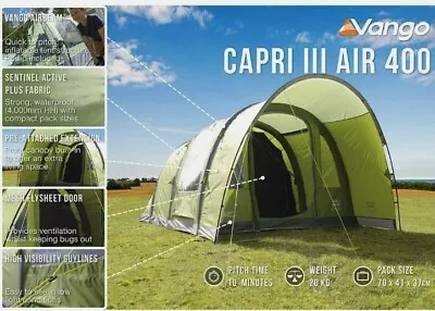 £599 • Buy Vango Capri III 400 AirBeam 4 Person Inflatable Family Tent