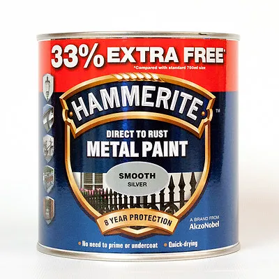 Hammerite Metal Paint Smooth - Silver - 750ml - 33% EXTRA FREE 1L Tin • £20.99