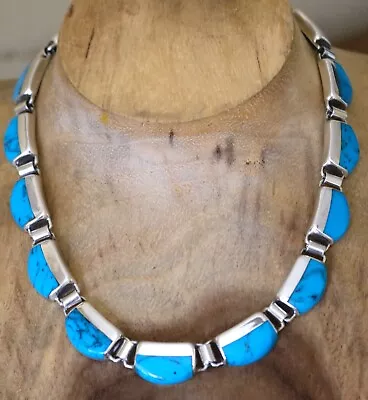Vtg Mexico 950 Silver & Turquoise Modern Panel Link Necklace 18 In 80 Gram TAXCO • £80.37