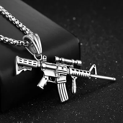 Mens Submachine Gun Bullet Pendant Necklace Punk Jewelry Stainless Steel Chain • $11.99