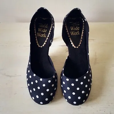 £9 • Buy Vintage 60s 80s Style Mod Black & White Polka Dot Court Shoes Heels Sz 37 / UK 4