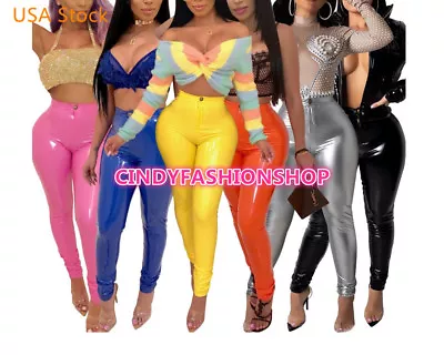 USA  Women High Waist Vinyl Leather Bodycon Casual Party Pencil Pants Trousers • $22.88