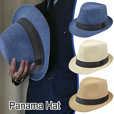 Men Women Straw Fedora Hat Trilby Cuban Sun Cap Panama Short Floral Brim O8N8 • $9.24