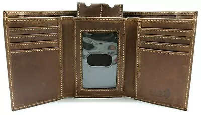 RFID Safe Tri-fold Leather Wallet For Men Rustic Brown Crazy Horse YKK Zip J130 • $24.99