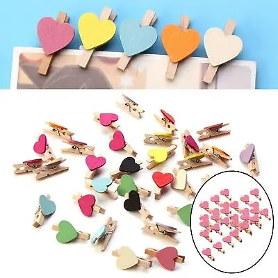 30 Pcs Wooden Clips Mini Love Heart Shape Photo Paper Pegs For Photos Wedding • £4.93