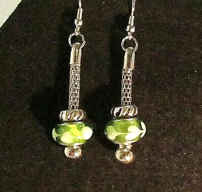 White Hearts On Green Murano Glass Bead Silver Pierced Earrings (#1530) NWOT • $4.99